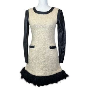 Mixed Material Mini Dress Ghloe Faux Leather, Wool, and Feathers Zip Back Size 4